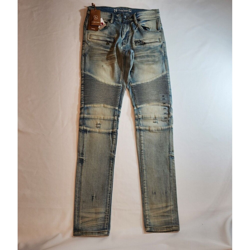 Crysp Denim Mens Jeans Pants Devon Moto Skinny Stretch Size L 29 Slim Fit New